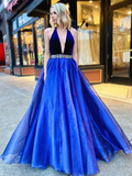Promfast V Neck Backless Royal Blue Halter Prom Dresses, Long Beaded Formal Evening Dresses HZ0527