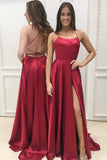 Burgundy Spaghetti Strap Prom Dress with Slit, Sexy Long Party Dresses HZ0527