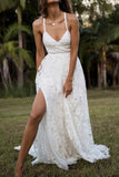 Charming Lace Long A-line Spaghetti Straps Split Ivory Beach Wedding Dress HZ0527