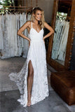 Charming Lace Long A-line Spaghetti Straps Split Ivory Beach Wedding Dress HZ0527