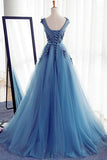 Charming Long Tulle Handmade A Line Blue Prom Gowns,Best Formal Women Dress HZ0527