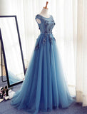 Charming Long Tulle Handmade A Line Blue Prom Gowns,Best Formal Women Dress HZ0527