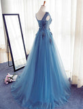 Charming Long Tulle Handmade A Line Blue Prom Gowns,Best Formal Women Dress HZ0527