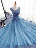 Charming Long Tulle Handmade A Line Blue Prom Gowns,Best Formal Women Dress HZ0527