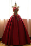 Red Quinceanera Dresses,Floral Satin Aline long Applique Ball Gown Prom Dress HZ0527