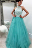Blue tulle lace a line long high-neck prom/evening dress for teens HZ0527
