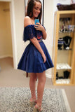 Two Piece Off the Shoulder Floral Satin Dark Blue Homecoming Dresses HZ0527