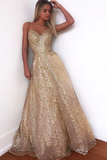 Promfast Glitter Gorgeous A-Line Sweetheart Cross Back Gold Sequins Long Prom Dresses HZ0527