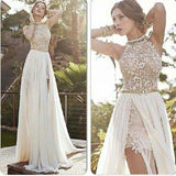 A-line Sexy High Neck Lace Bodice Beach Wedding Dress,Ivory Chiffon Prom Dress HZ0527