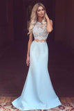 Light Blue Satin Prom Dress,Sexy Lace See-through Mermaid Long Prom Dresses HZ0527