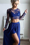 Royal Blue 2025 Two Piece Lace Chiffon Long Sleeves Lace Prom Dress with Slit HZ0527