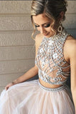 Two Piece A line Tulle Beading Pretty High Neck Prom Dresses,2 pieces Evening Dresses HZ0527