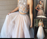Two Piece A line Tulle Beading Pretty High Neck Prom Dresses,2 pieces Evening Dresses HZ0527