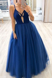 Promfast A Line Deep V Neck Royal Blue Long Tulle Prom Dresses with Straps HZ0527
