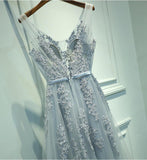 Gray Tulle Long V-neck Evening Dresses, A Line Applique Prom Dress HZ0527