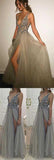 Backless Rhinestone tulle Deep V-neck Sexy prom dress online, Long Split Prom Dress HZ0527