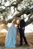 Sexy Split Sky Blue Beach Simple Wedding Dresses Chiffon Long Prom Dress HZ0527