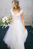 White V-Neck Lace Top Tulle Cap Sleeve A-Line Wedding Dress HZ0527