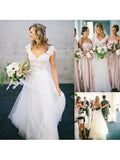 White V-Neck Lace Top Tulle Cap Sleeve A-Line Wedding Dress HZ0527