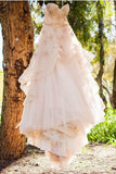 Vintage Strapless Sweetheart A Line Flower Tulle Pearl Pink Wedding Dress HZ0527