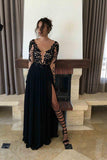 A-line Black Long Sleeve Chiffon Split Lace Prom Dress,2025 Sexy Long Evening Dresses HZ0527