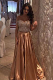 Modest A-Line Gold Off the Shoulder Sweep Train Beading Prom Dress HZ0527