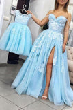 Charming Sweetheart Split Blue Lace Appliques Long Prom Dresses,Pretty Evening Dresses HZ0527