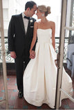 Simple Sweetheart Strapless Court Train Ivory Satin Wedding Dress with Ruched HZ0527