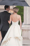 Simple Sweetheart Strapless Court Train Ivory Satin Wedding Dress with Ruched HZ0527