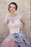 Princess Cap Sleeves Ball Gown Bateau Lace Bow-knot Pink Tulle Wedding Dresses HZ0527