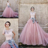 Princess Cap Sleeves Ball Gown Bateau Lace Bow-knot Pink Tulle Wedding Dresses HZ0527