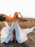 Sexy Split Sky Blue Beach Simple Wedding Dresses Chiffon Long Prom Dress HZ0527