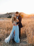 Sexy Split Sky Blue Beach Simple Wedding Dresses Chiffon Long Prom Dress HZ0527
