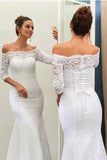 Elegant White Off-The-Shoulder 3/4-Length Sleeves Lace Mermaid Wedding Dress HZ0527