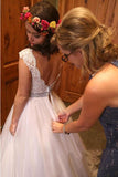 White Bateau Neck A-line Beading Organza Long Wedding Dress HZ0527