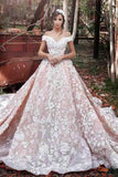 Luxurious Off Shoulder Watteau Train Formal Lace Dramatic Blush Wedding Dresses HZ0527