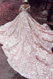 Luxurious Off Shoulder Watteau Train Formal Lace Dramatic Blush Wedding Dresses HZ0527