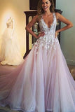 Spaghetti Straps V-neck Long Tulle Wedding Dress Prom Dress with Appliques HZ0527