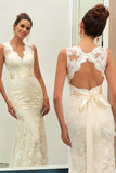 Charming Ivory V Neck Lace Sheath Open Back Wedding Dress With Sashes HZ0527