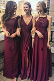 New Arrival A-Line V-Neck Floor-Length Grape Chiffon Long Bridesmaid Dress with Split HZ0527