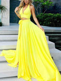 Two Piece A Line Yellow Cheap Long Prom Dress Sexy Formal Evening Dress HZ0527