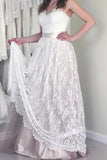 Sweetheart Sleeveless Long White Lace A Line Wedding Dress with Belt HZ0527