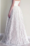 Sweetheart Sleeveless Long White Lace A Line Wedding Dress with Belt HZ0527