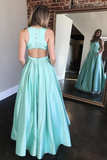 Promfast A-Line Long Mint Satin Beaded Prom Dresses With Pockets Evening Dress HZ0527