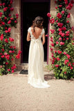 Elegant Cap Sleeve A Line V Back Cheap Long Lace Backless Wedding Dresses HZ0527