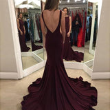 Elegant Mermaid Burgundy Sweep Train Prom Dress with Open Back HZ0527
