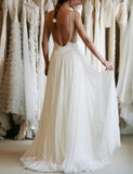 Simple White Lace Bridal Gown,A Line Chiffon Backless Cheap Wedding Dresses HZ0527
