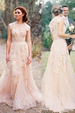 Pearl Pink A Line V-neck Sleeveless Floor-Length Tulle Wedding Dress With Lace Appliques HZ0527