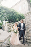 Pearl Pink A Line V-neck Sleeveless Floor-Length Tulle Wedding Dress With Lace Appliques HZ0527