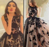 Appliques A-Line Round Neck Black Lace Long Prom Dress HZ0527